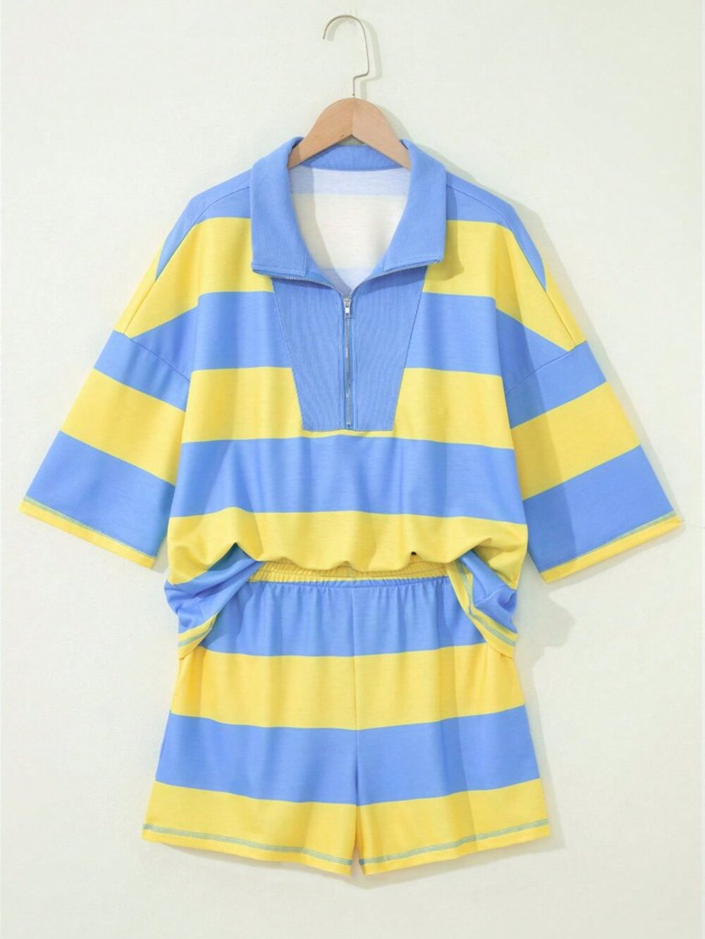 Yellow Casual Women's Light Striped Collared Quarter-Zip Top and Shorts Set - Picture 4 of 9